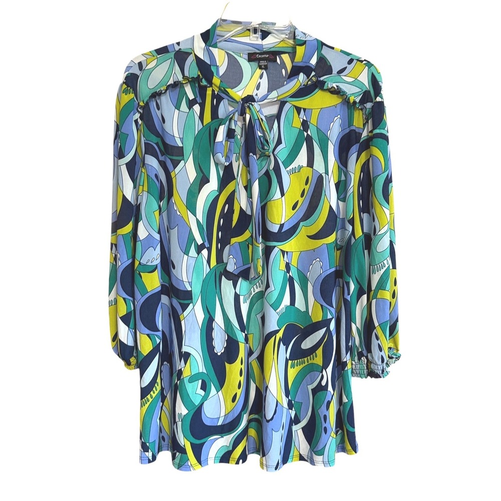 Cocomo Womens XL Blue Green Geometric Tie Neck Ruffle Shoulder Blouse Top Artsy